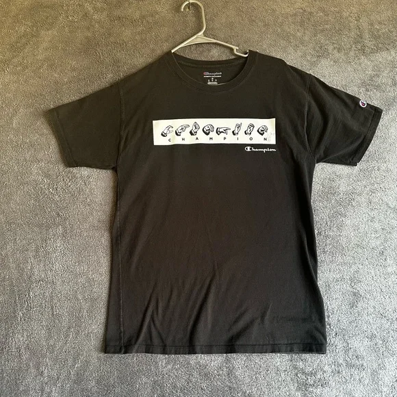 Champion MENS BLACK SIGN LANGUAGE GRAPHIC SHORT SLEEVE T-SHIRT SZ M - Picture 8 of 12